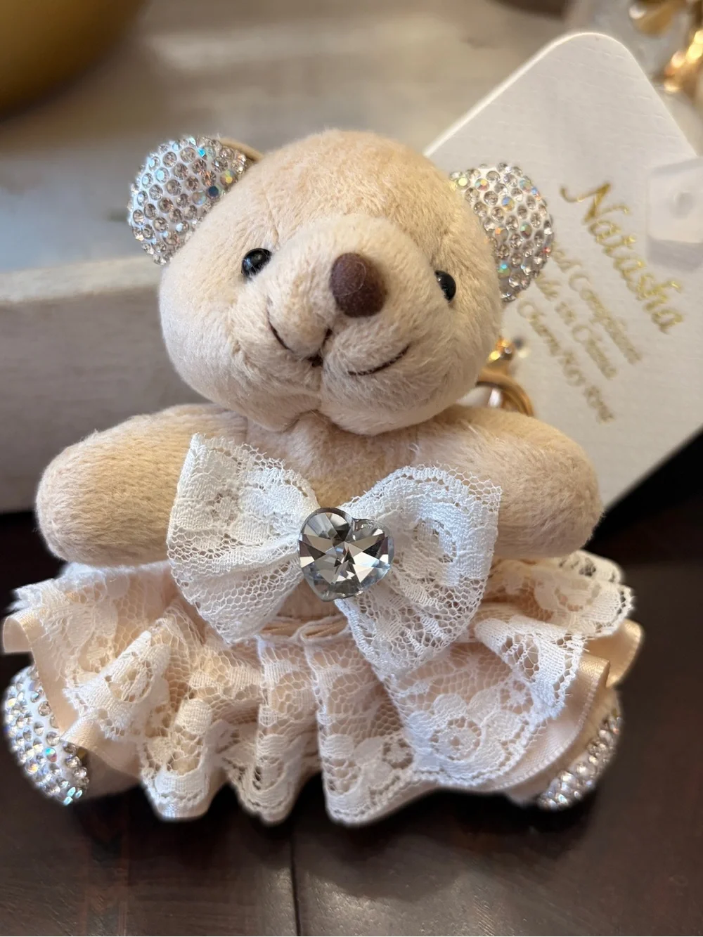 Natasha Couture Cream Teddy Keychain with Crystal Accents